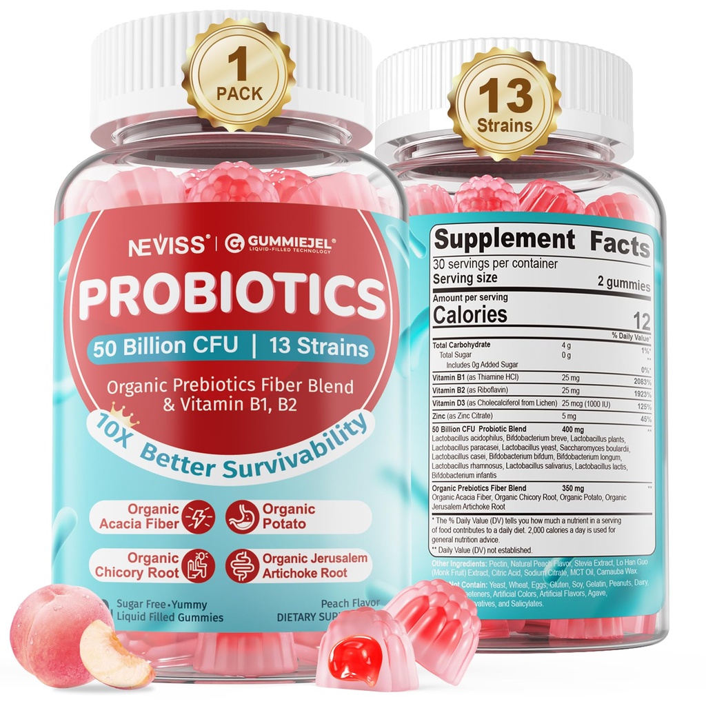 NEVISS Probiótico + Gummies Prebióticas para Adultos &amp; Niños 4+, Azucare Free Chewable 50 Billion CFUs w/Fiber, Vitamina B1 B2 D3 & Zinc, para Digestivo " Gut Health, Boost Microflora Diversidad, 60 Cts