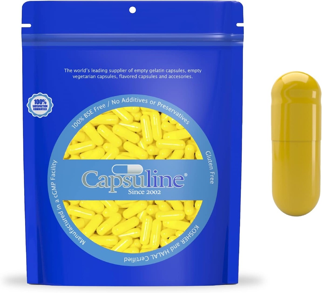 Coloreado Tamaño 0 Empty Gelatin Capsules por Capsuline - Amarillo/amarillo 10000 Conde SilencioKosher " Halal Certified ←Gluten Free