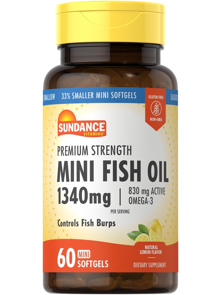 Sundance Mini Fish Oil Softgels 1340mg Silencio 60 Conde Silencio Controles Fish Burps  Premium Strength Formula with Omega-3 ← Natural Lemon Flavor ← Non-GMO and Gluten Free Supplement