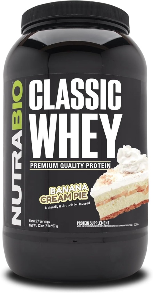 NutraBio Classic Whey Protein Powder- 25G Protein Por Scoop - Full-Spectrum Amino Acid Profile - No Fillers, Colores artificiales, conservadores - (Banana Cream Pie, 2 libras)