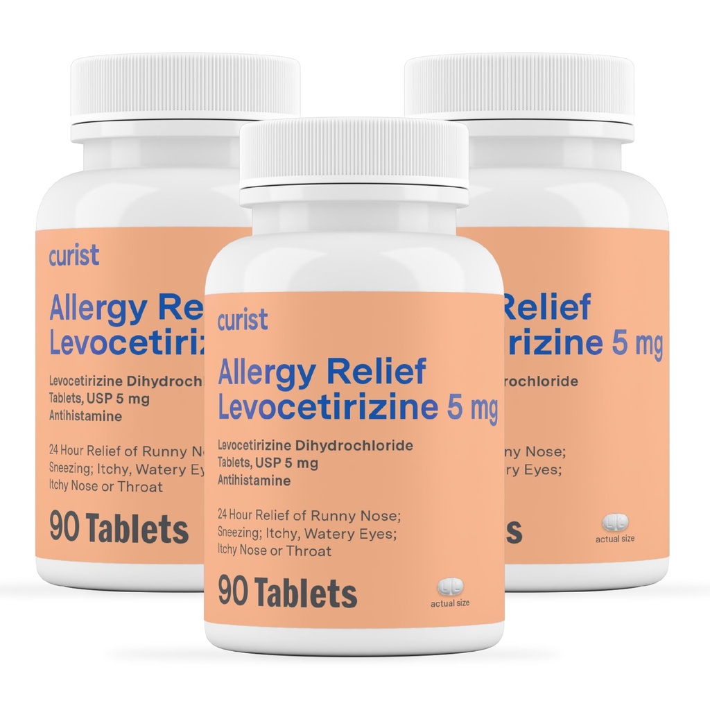 Curist Genérico Levocetirizine Dihidrocloruro 5mg Bulk (270 Tablets), Alergia Píldoras, 24 horas Alivio de Alergia - Medicina de Alergia (3 Packs de 90 Tabletas)
