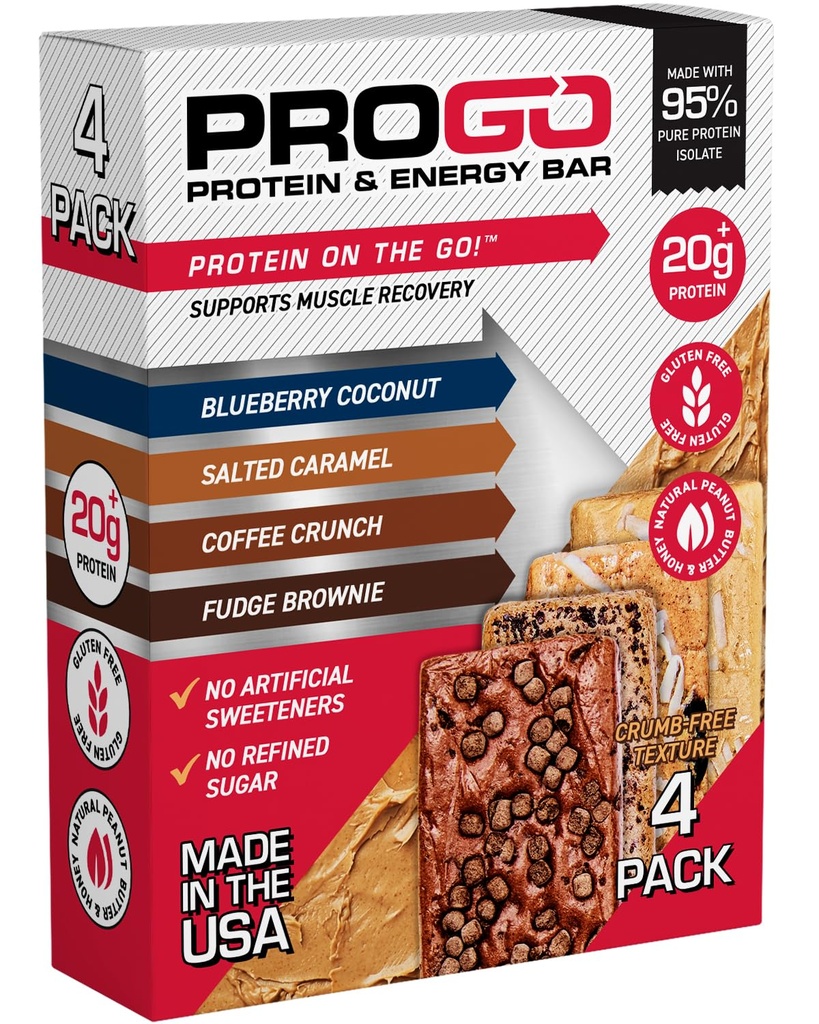 ProGo Protein Bares, Bajo Azúcar, High Protein Snacks (hasta 21g) - 95% Pure Isolate for Faster Muscle Growth & Recovery, Low Calorie, Sweetened w/Peanut Butter & Raw Honey (4-Count, Starter Pack)