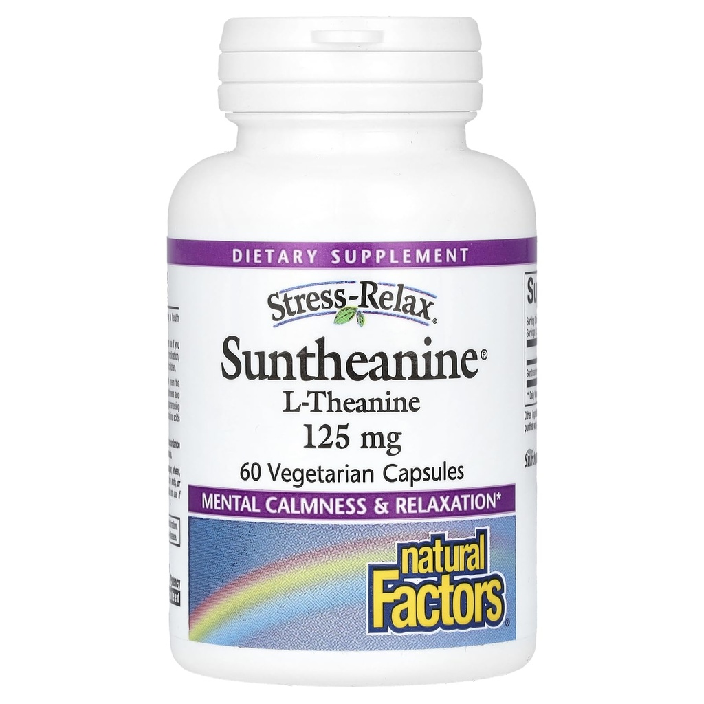 Factores naturales Stress-Relax Suntheanine L-Theanine 125 mg, Non-Drowsy Stress Support for Mental Calmness and Relaxation, 60 cápsulas