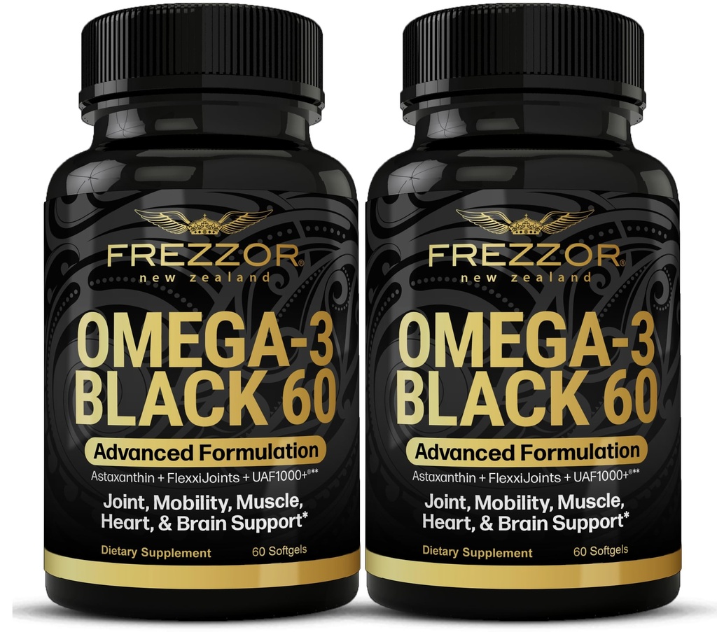 FREZZOR Omega 3 Negro para el cuidado conjunto & Comfort - Nueva Zelanda Green Lipped Mussel Oil Capsules; 53x Potency Superior con UAF1000+ Super Antioxidante, No Fishy Aftertaste, 60 Cuenta (Pack de 2)