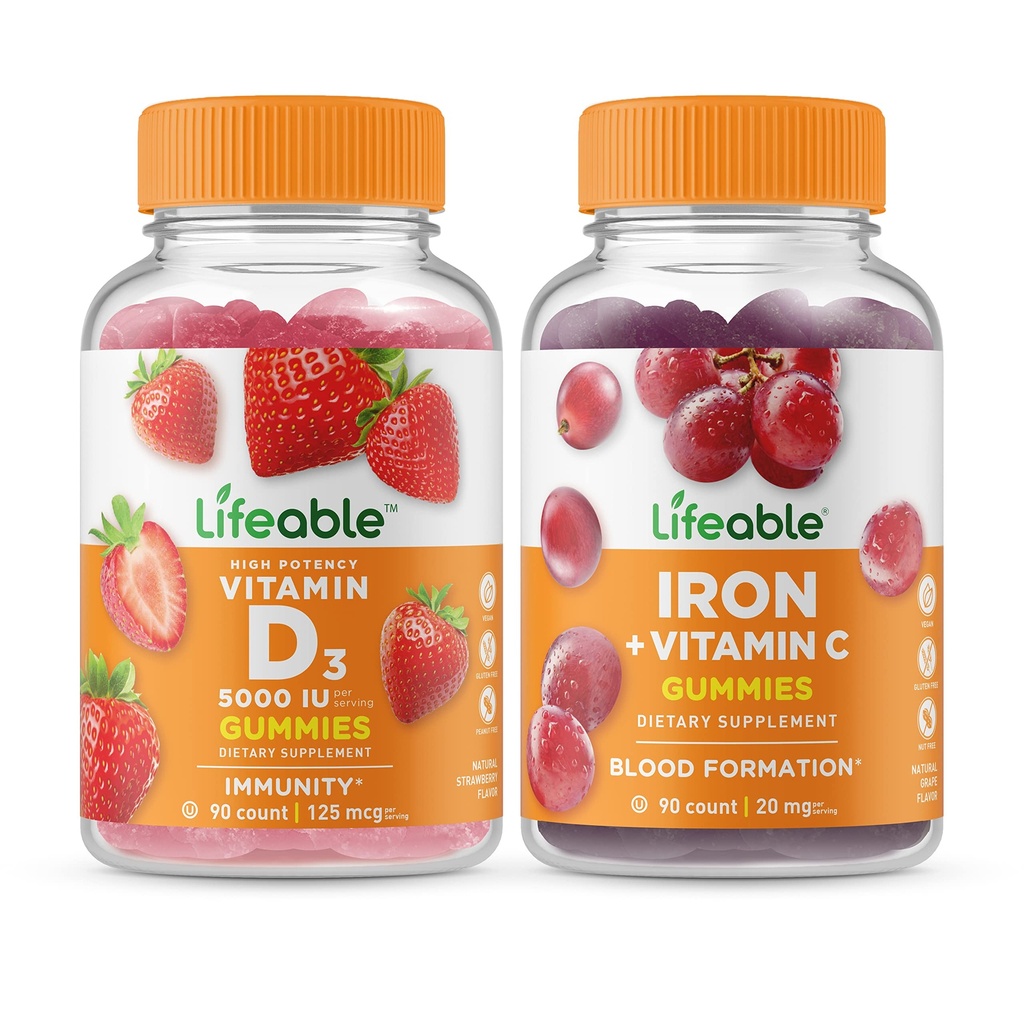 Vitamina D 5000 UI + Hierro con vitamina C, Gummies Bundle - Gran Tasting, Suplemento de Vitamina, Gluten Gratis, GMO Gratis, Gummy Chewable