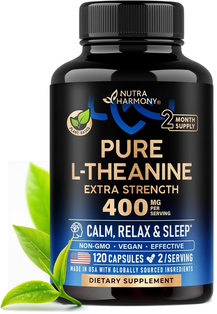 L Theanine 400 mg  L-Theanine Stress Relief ← Extra Strength Supplement Silencio Made in USA ← Relajación, Apoyo al sueño y la calma Silencio para Hombres " Las mujeres permanecen bajo la base de plantas, no transgénicos " libre de gluten " 120