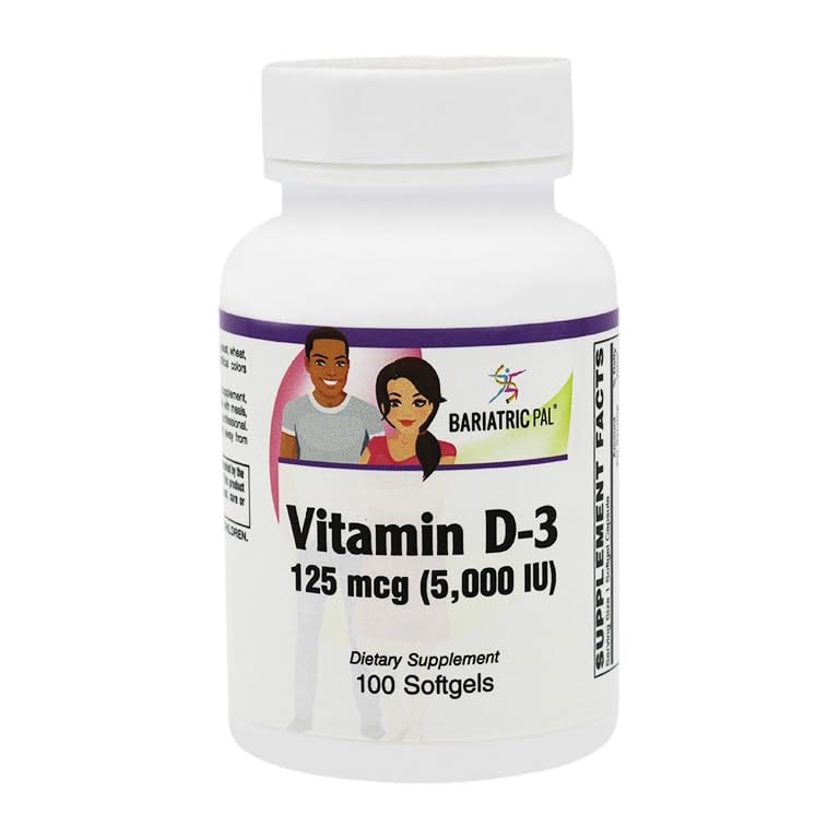 BariatricPal Vitamina D-3 125mcg (5000 UI) - Easy Swallow Vegetarian Softgels (100ct Bottle)