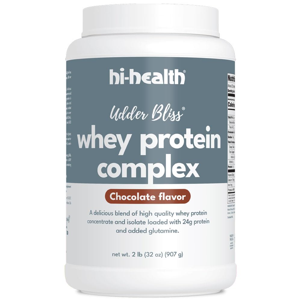 Hi-Health Udder Bliss Whey Protein Complex Powder, Blend of Bioavailable Whey Protein Concentrate and Isolate with Added Glutamine, Chocolate (2 libras)