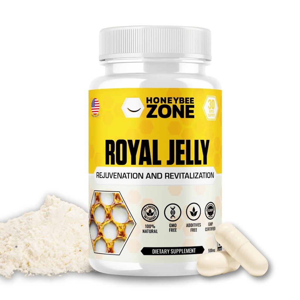 Royal Jelly Capsules – 500 mg Energy, Glowing Skin y Brain Booster Suplemento Silencioso no GMO, libre de gluten, 60 cápsulas vegetarianas fáciles de cambiar