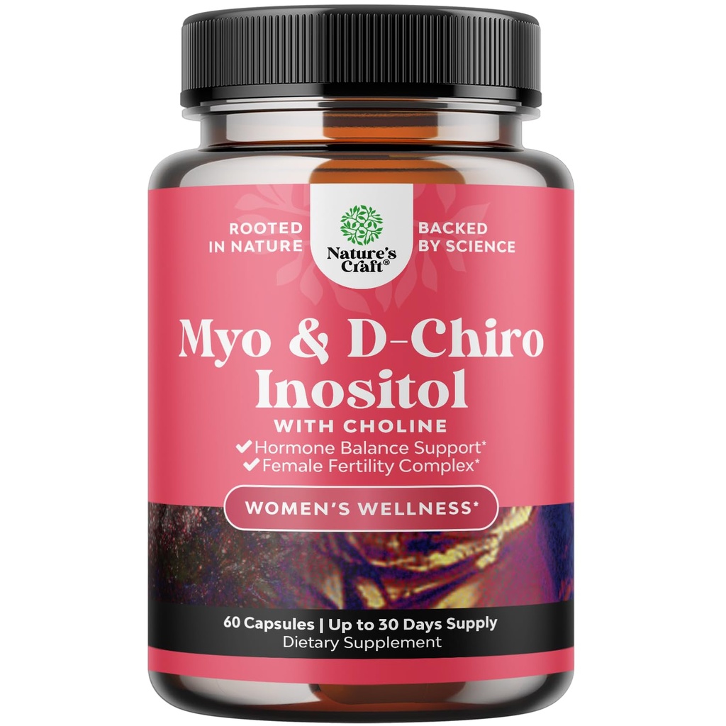 Myo-Inositol & D-Chiro Suplemento de Inositol para Mujeres - Suplemento de Choline para Regular Ciclo Menstrual, Fertilidad &amp; Saldo Hormonal - Mujeres Equilibrio de Hormonas Con Myo & D-Chiro - 60 Caps