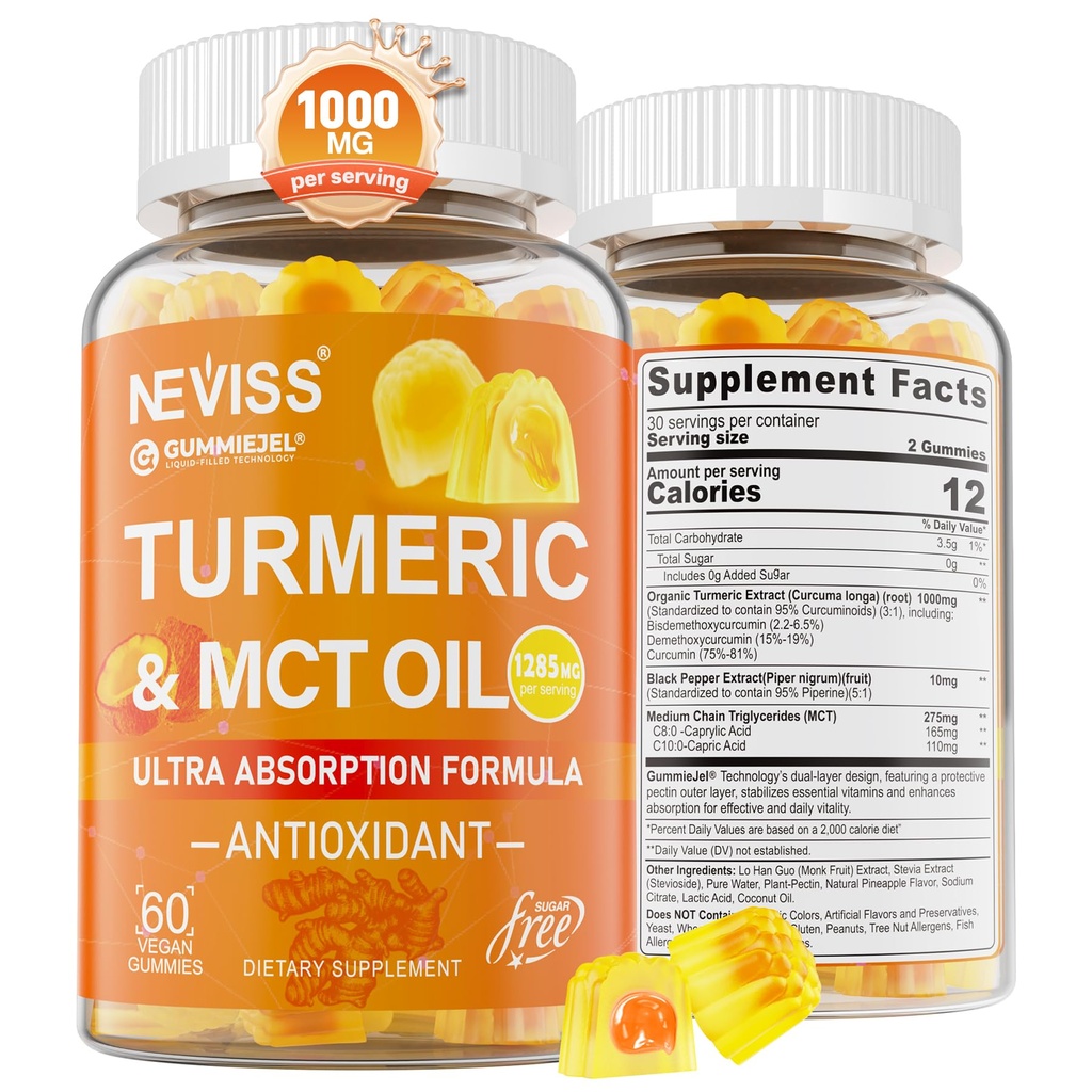 Turmérico Gummies 1000mg w/MCT Oil C8 C10, Antioxidante orgánico, Suplemento de Curcumina Turmérica con Extracto de Pepper Negro, Confort de Soporte, Energía Boost, Ultra Absorción, Libre de Azúcar, 60 Cts