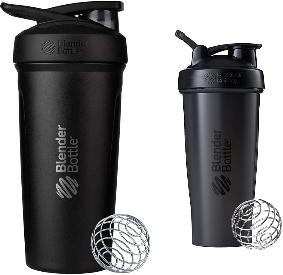 BlenderBottle Strada Shaker Cup Hervidor de agua de acero inoxidable aislado con Wire Whisk, 24 onzas, Negro &amp; Classic Shaker Bottle Perfect for Protein Shakes and Pre Workout, 28 onzas, Negro