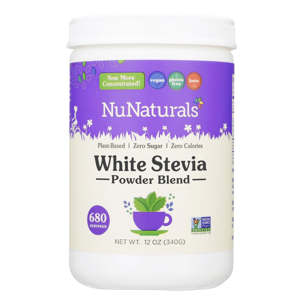 NuNaturals White Stevia Powder Blend, Sustituto de Azúcar de base vegetal, Cero Calorie Sweetener, 12 oz