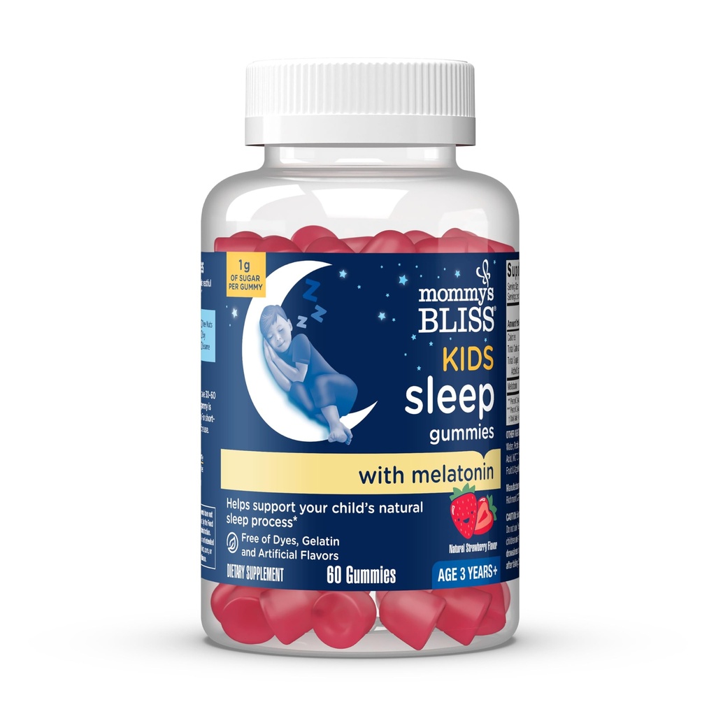 Mami's Bliss Kids Sleep Melatonin Gummies, No Artificial Colors, Flavors o Gelatin, Strawberry Flavor Children's Melatonin Gummies, Age 3+, 60 Count