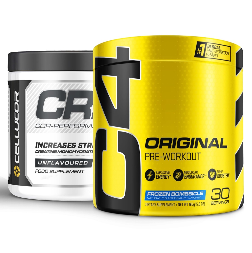 Cellucor Pre Workout &amp; Creatine Bundle, C4 Original Pre Workout Powder, Frozen Bombsicle, 30 Servings + Cor Performance Creatine Powder, 72 Servimientos