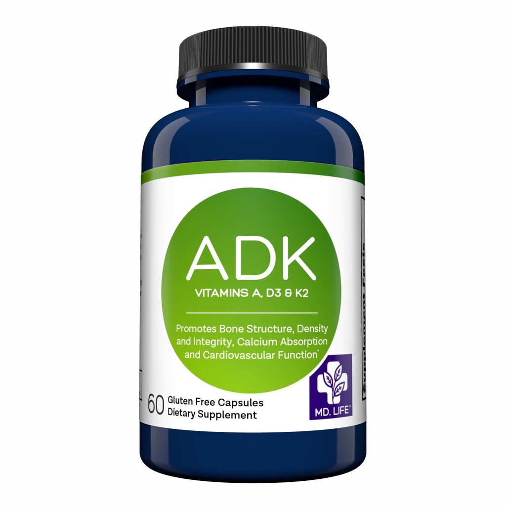 MD.LIFE ADK Suplemento de vitamina – Vitamina D3 K2 y Complejo – 60 cápsulas – High Potency Vitamin ADK for Bone and Heart Health Support