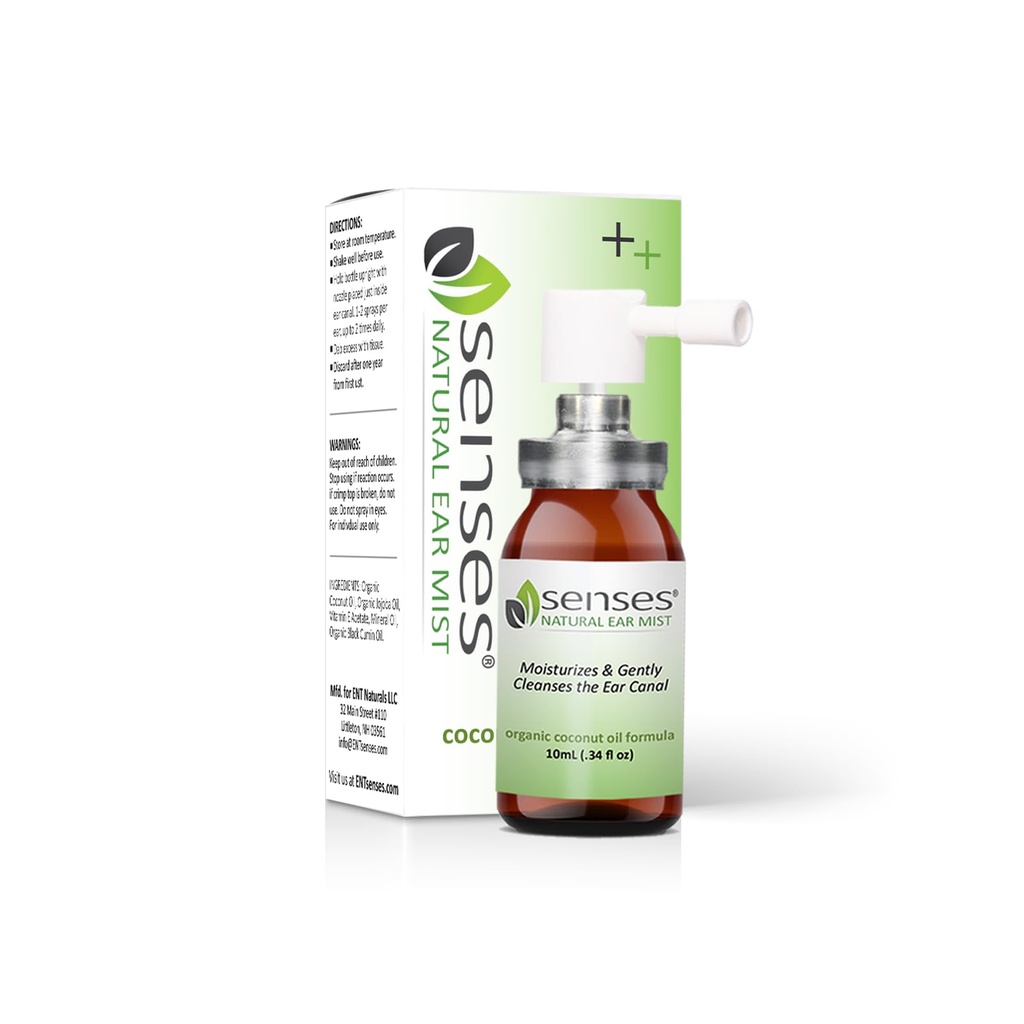 SENSES gotas de oído natural - Fisiciano Fórmulada, Aceite de coco orgánico para las orejas irritadas - Uso para la limpieza, hidratación, Alivio de las alergias, Ayudas auditivas y Ear Wax, 0.34 Fl Oz