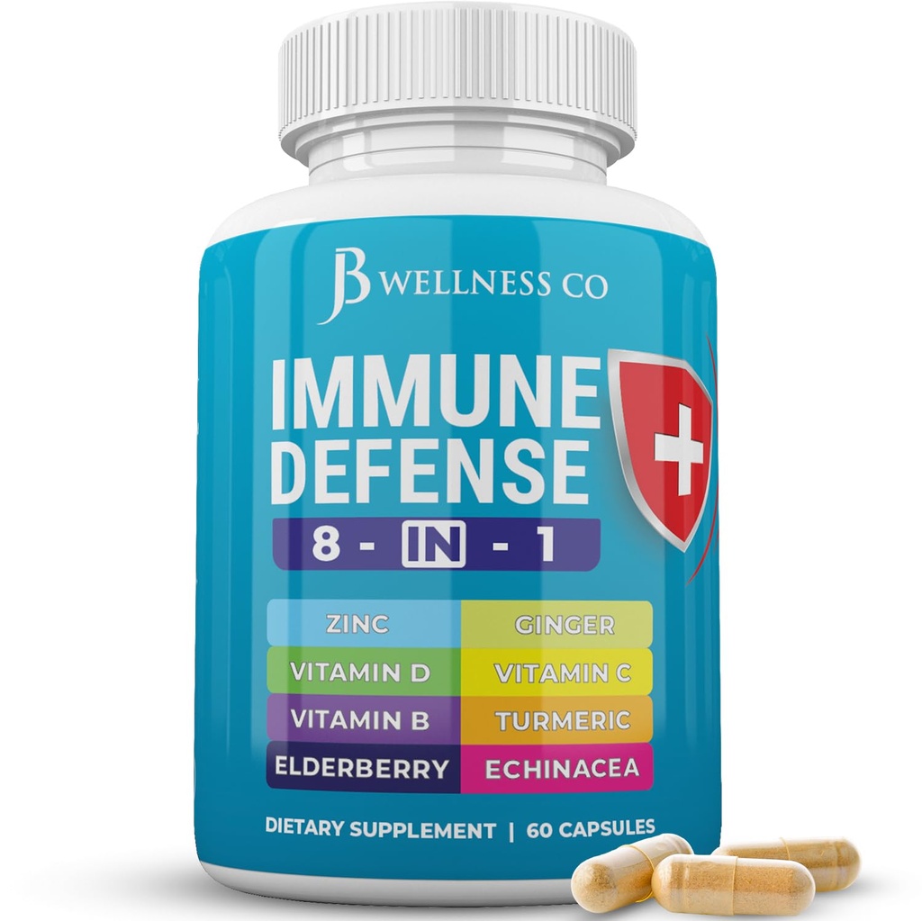 Immune Support 8 in 1 Capsules - Suplemento Zinc, Vitamina D3, Vitamina C y Elderberry - Immune Booster Suplemento con Echinacea, Ginger Root y Turmeric
