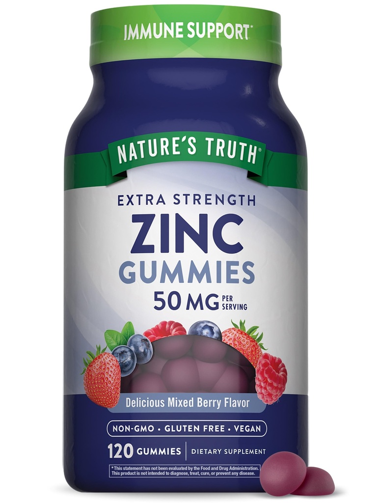 La verdad de la naturaleza Zinc Gummies for Adults ← 50mg tención 120 Conde fort Vegan, Non-GMO &amp; Gluten Suplemento gratuito ← Mixed Berry Flavor