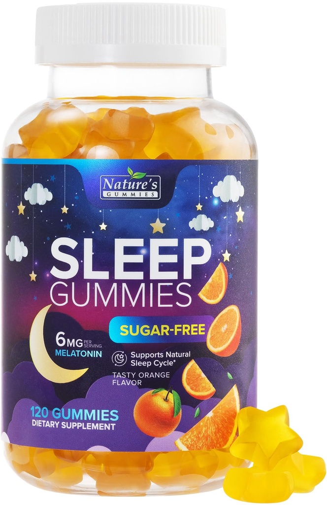 Gummies de sueño 6mg Por Serving - Sugar gratis Melatonina Gummy Suplemento para adultos - Natural Zero Sugar Sleeping Gummy para adultos &amp; niños, Orange Flavored, Extra Strength Sleep Support - 120 Gummies