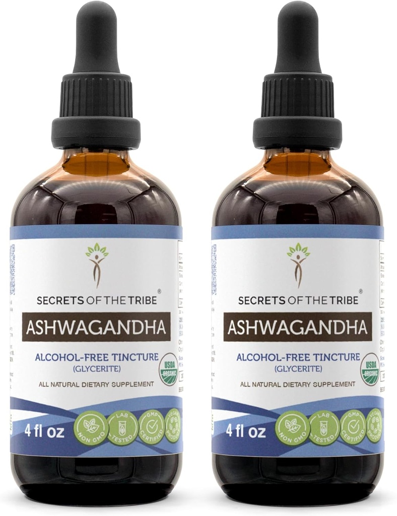 Ashwagandha Tincture Extracto sin alcohol, USDA Organic Ashwagandha Withania Somnifera Anti-Estrés y Relajación 2x4 OZ