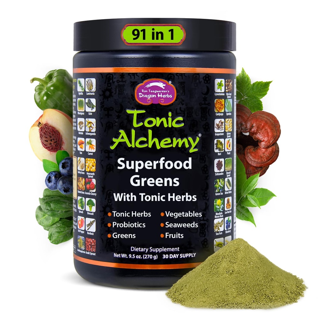 Dragon Herbs Tonic Alchemy Superfood Greens Polvo con 91 Ingredientes: Herbs Tonic, Ashwagandha, Mushrooms, Probióticos, Super Greens, Seaweeds, Fruits, Vegetables, Spirulina - 30 Servings