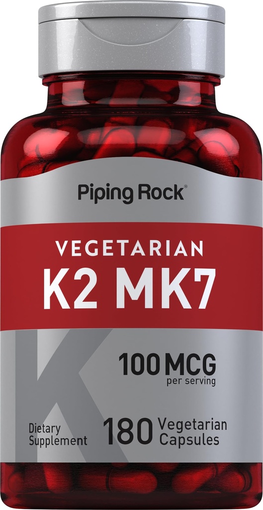 Piping Rock K2 MK7 Vitamin Supplement TEN 100 mcg TEN 180 Vegetarian Capsules Silencio para Mujeres y Hombres Silencioso No GMO, Gluten Gratis