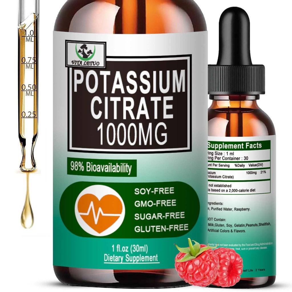 Potasio Citrate gotas líquidas,Potasio Suplemento 1000mg Apoyo líquido Muscle Cramp Relief, Heart Health and Sleep,Highly Absorbable for Adults Women &amp; Men, Vegan, 30 Actuaciones