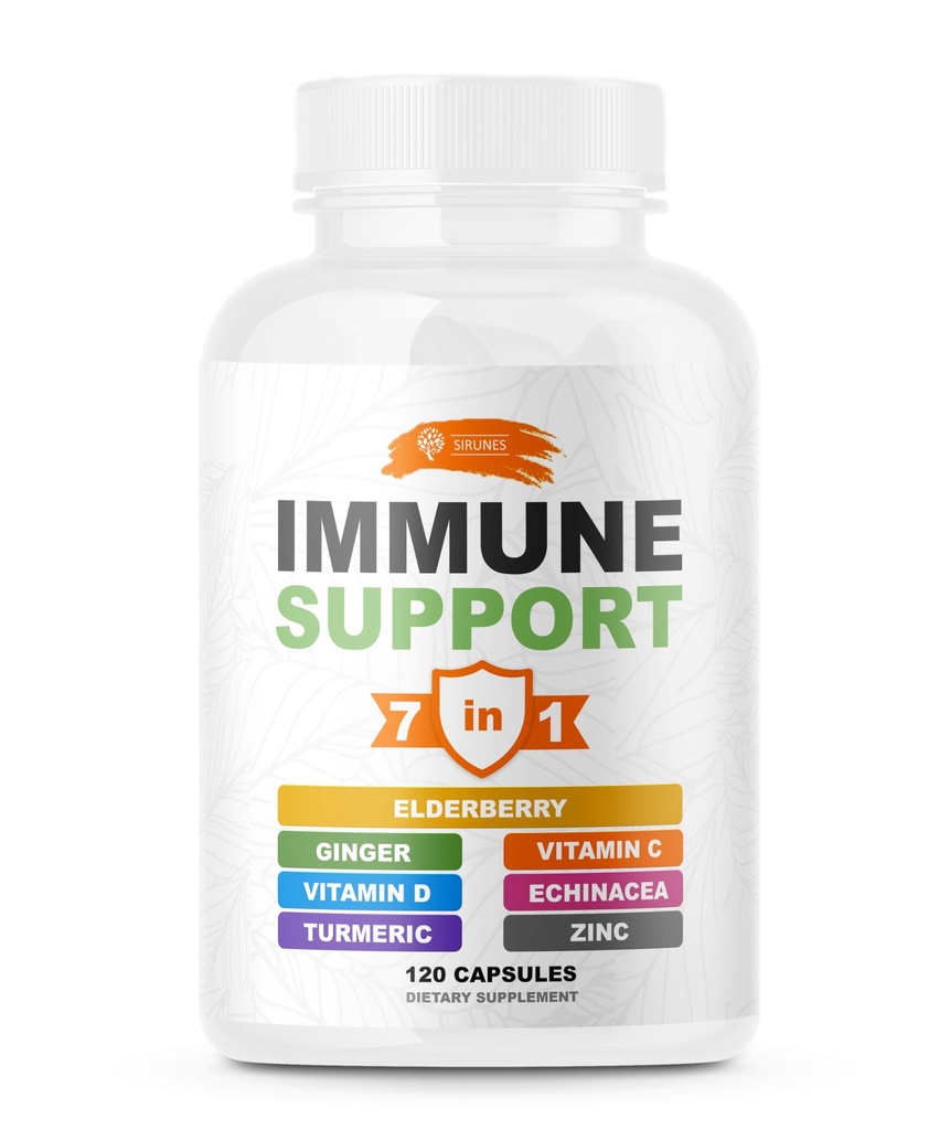 SIRUNES Immune Booster - Immunity Support Multivitamin - Vitamina C y D3, Elderberry, Zinc, Echinacea, Ginger, Turmeric - Antioxidante, Energía y Vigor, Brain Boost (Immune Support Capsules)