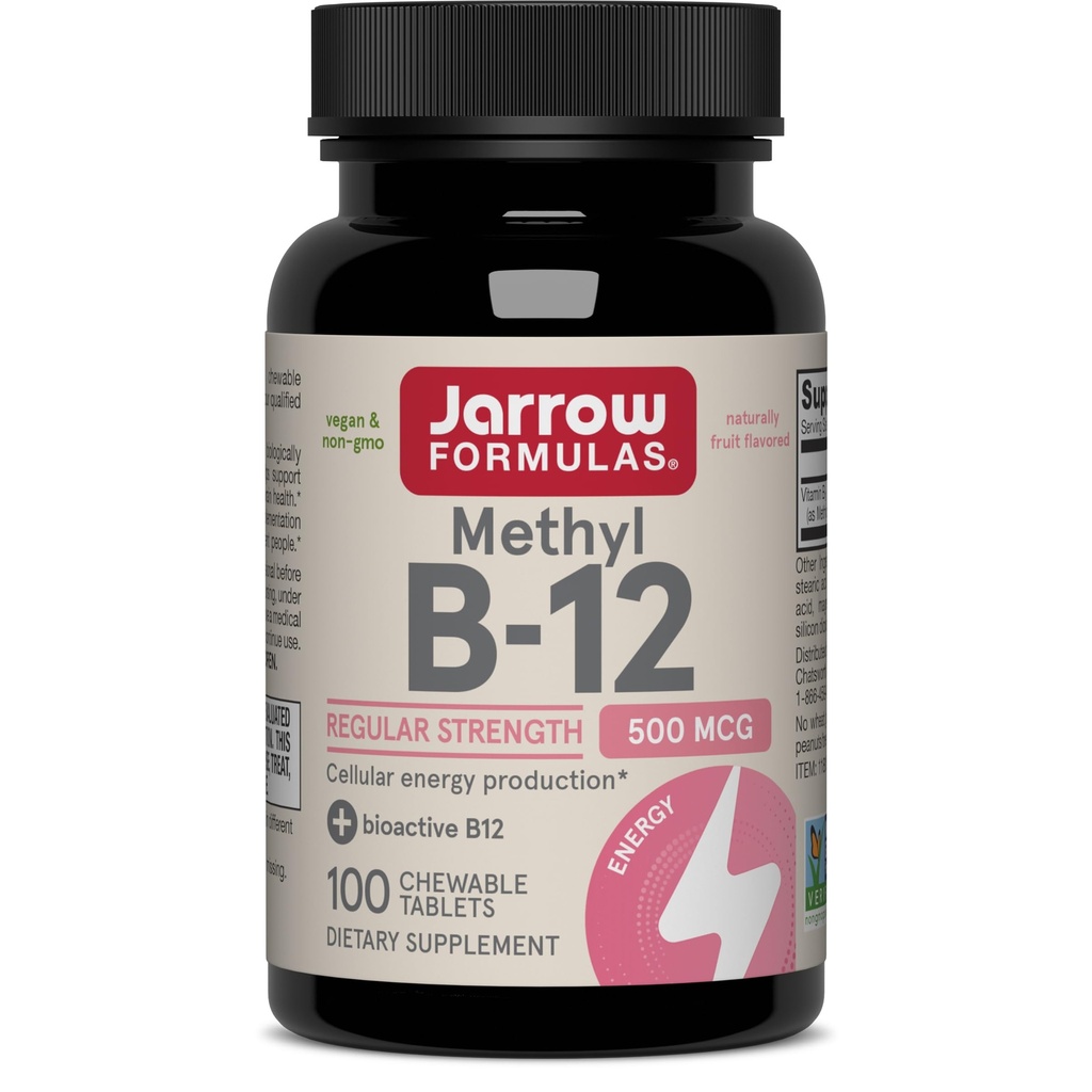 Jarrow Formulas® Methyl B-12 Tablets, 500 mg, Dietary Supplement for Cellular Energy Production and Brain Health Support, 100 Cherry Flavor Chewable Tablets, 100 Day Supply