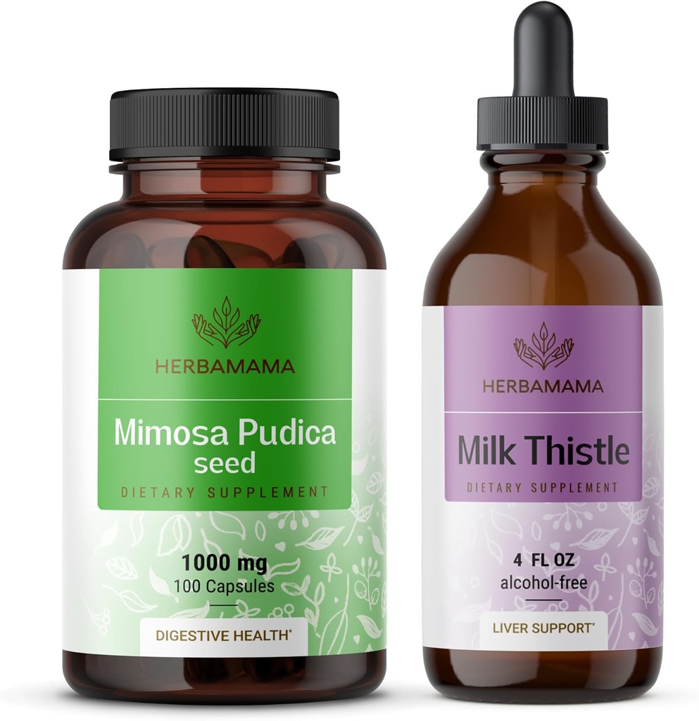 HerbAMAMA Mimosa Pudica y Milk Thistle Kit - Bundle of 1000 mg Mimosa Pudica Capsules " Milk Thistle Tincture 4 fl oz - Vegan, Non-GMO, Sugar " Alcohol-Free - 2 Pack