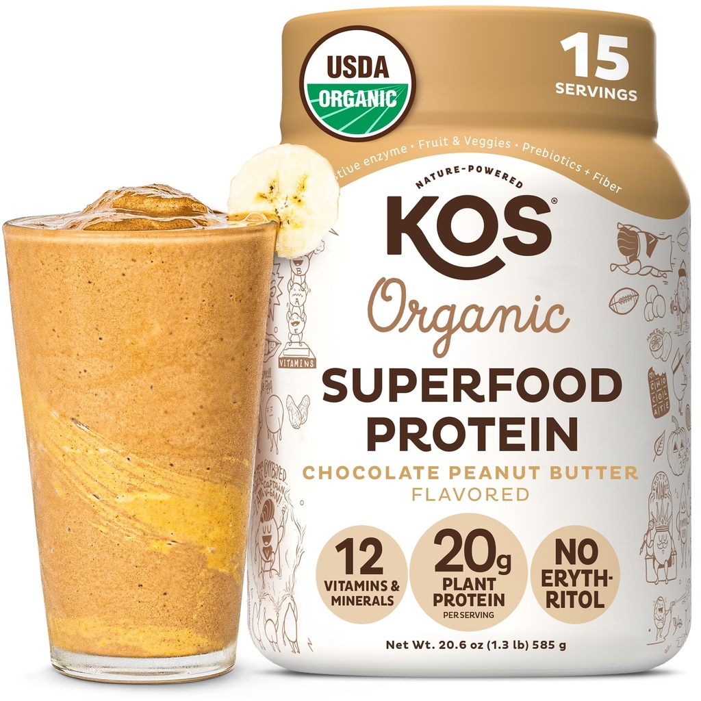 KOS Planta orgánica con base de polvo de proteína, mantequilla de maní de chocolate - Delicious Vegan Protein Powder - Keto Friendly, Gluten Free, Dairy Free &amp; Soy Gratis - 15 Servings