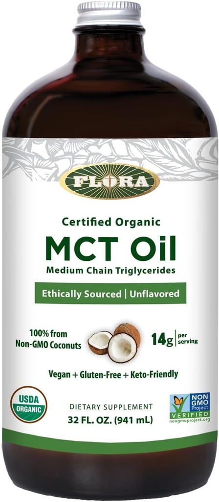 Flora - MCT Oil Certified Organic - Supports Muscle Energy & Brain Health - Contains C8 Caprylic Acid " C10 Capric Acid - Non-GMO, Gluten-Free, Vegan " Keto-Friendly - 32 fl. oz. Botella de vidrio