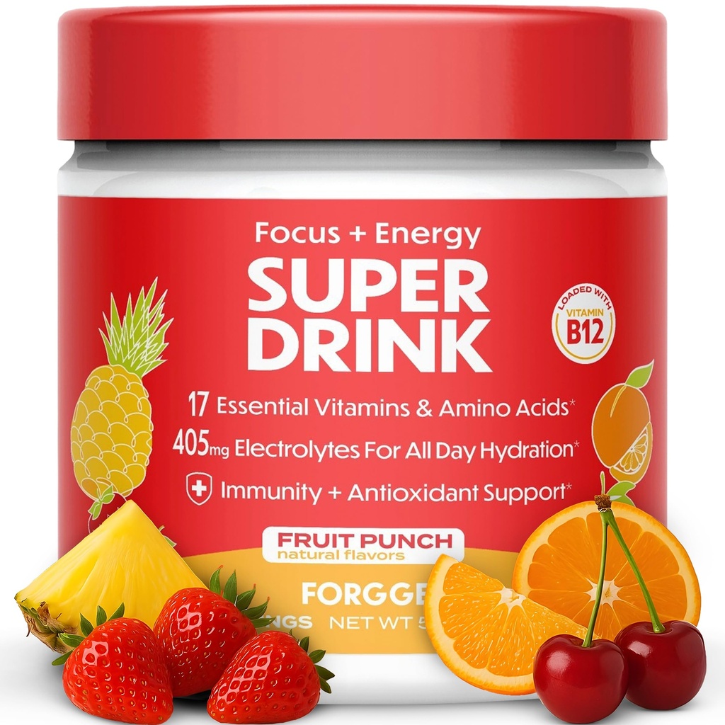 Forgge Healthy Energy Drink Powder Mix - Clean Caffeine + B12, B6, C & D Vitaminas - Sugar Free Energy Drink Powder with Electrolytes, Amino Acids, Antioxidants, Lions Mane - Vegan, Keto-Friendly - 30 SVG, Fruit Punch