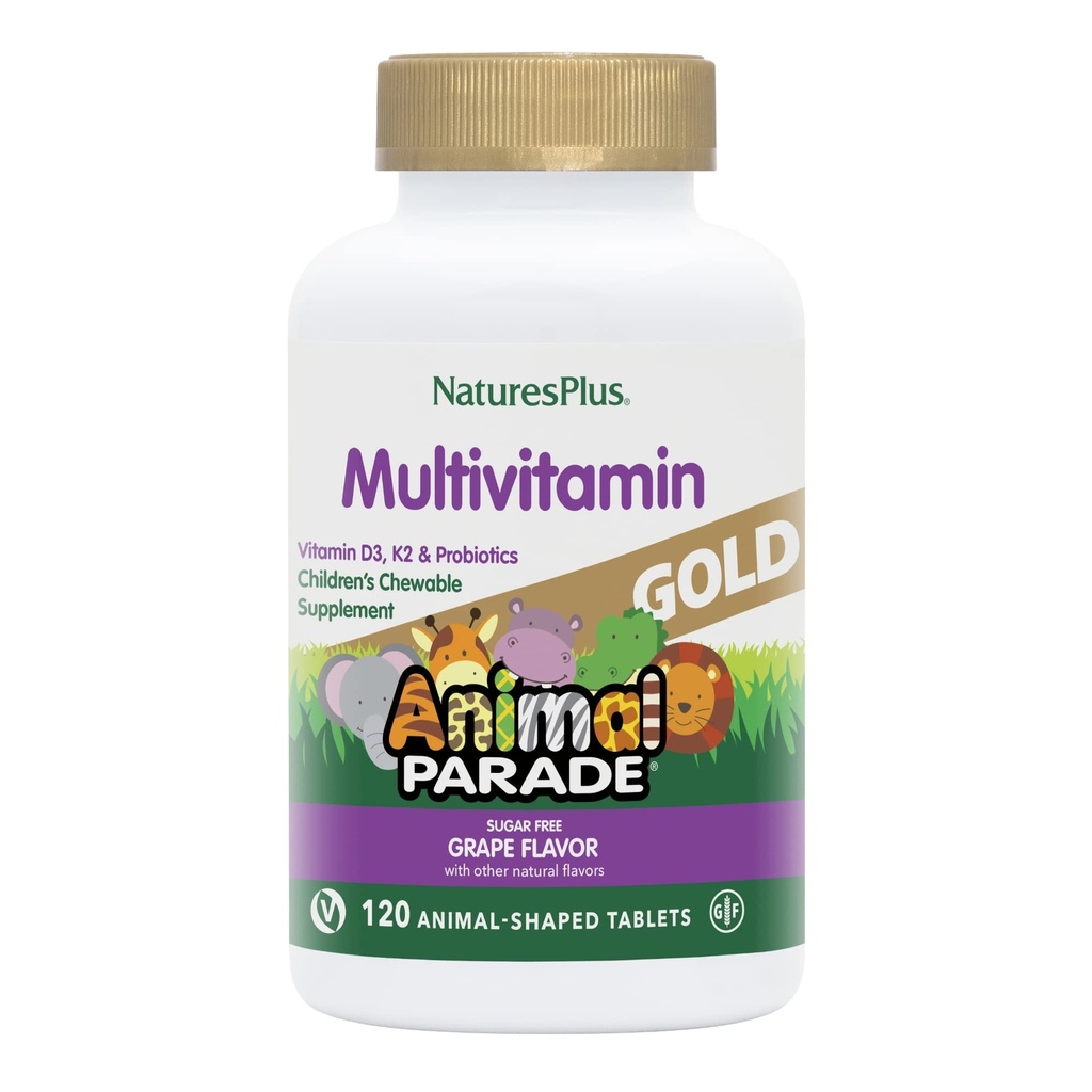 Natures Plus Animal Parade Gold Children's Multivitamin, Grape Flavor - 120 Chewable Animal Shaped Tablets - Vegan, Gluten Gratis - 60 Servings
