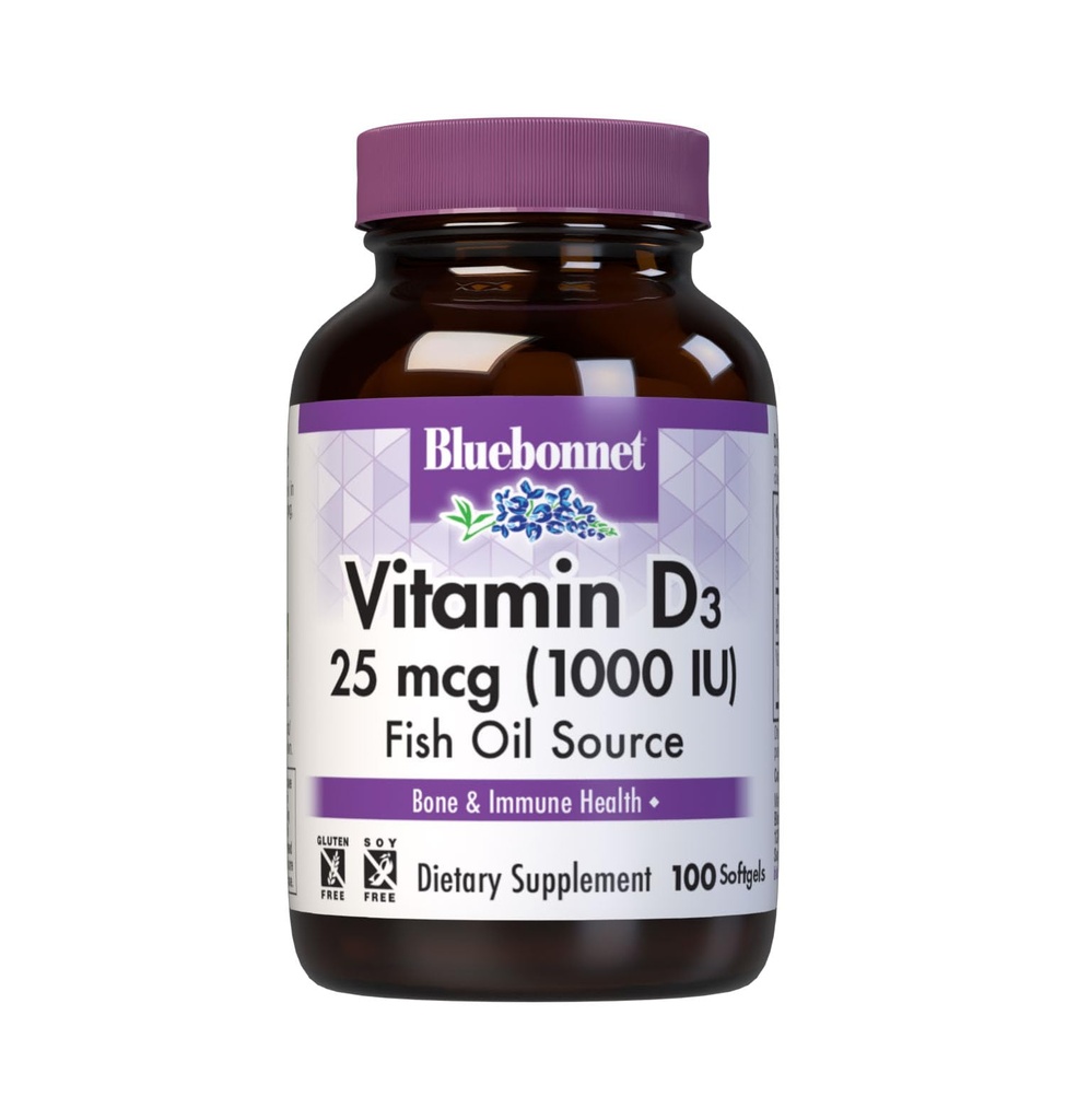 Bluebonnet Nutrition Vitamin D3 1000 IU Softgels, Ayudas en el crecimiento muscular y esquelético, Cholecalciferol de Fish Oil, Non GMO, Gluten Free, Soy Free, Dairy Free, 100 Softgels