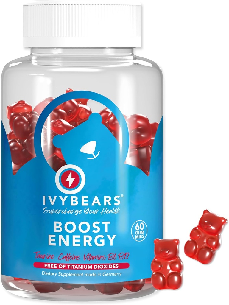 IvyBears® Energy Boost Gummies – Vegan Chewable Energy Supplements with Vitamin B12 & Natural Caffeine – Focus, Daily Energy & Stamina Support – Pre Workout Gummies – 60 Cuenta