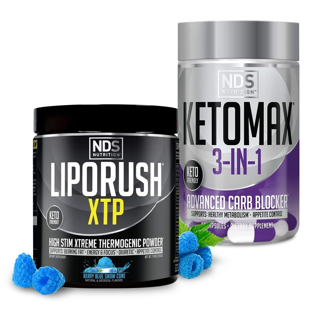 NDS Nutrition XTP Thermogenic Blue Berry Snow Cone (45 Servings) y Keto-Max Advanced 3-in-1 Pills Carb Blocker Appetite Suppressant (90 Capsules)