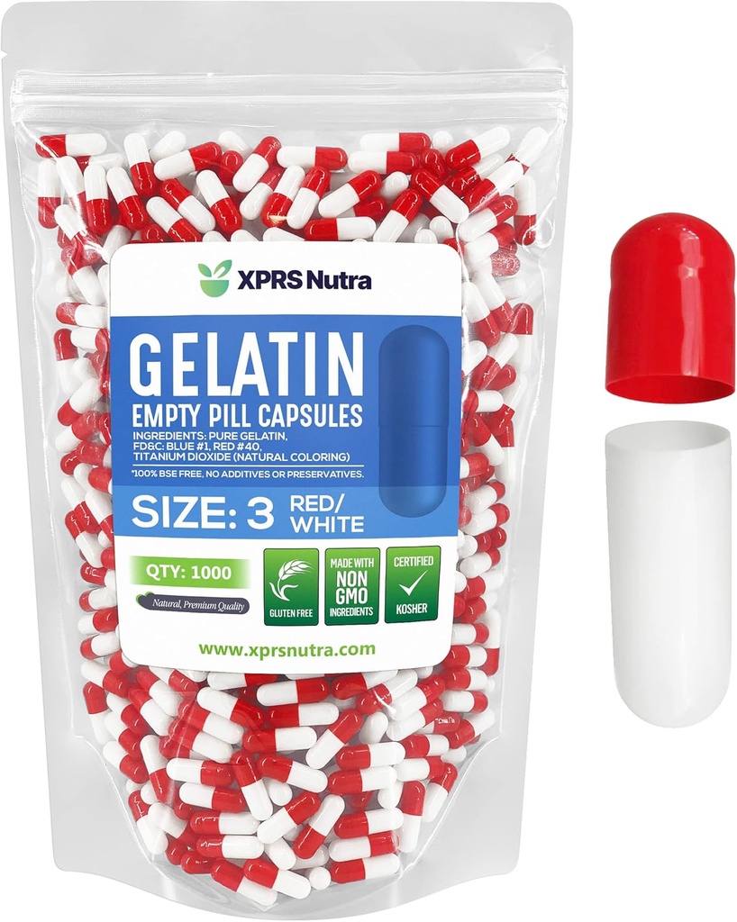XPRS Nutra Size 3 Empty Capsules - 1000 Conde Empty Gelatin Capsules - Pills DIY Capsule Filling - Pure Bovine Pill Gel Caps Fillable for Do-It-Yourself Vitamins and Supplements (Red/White)