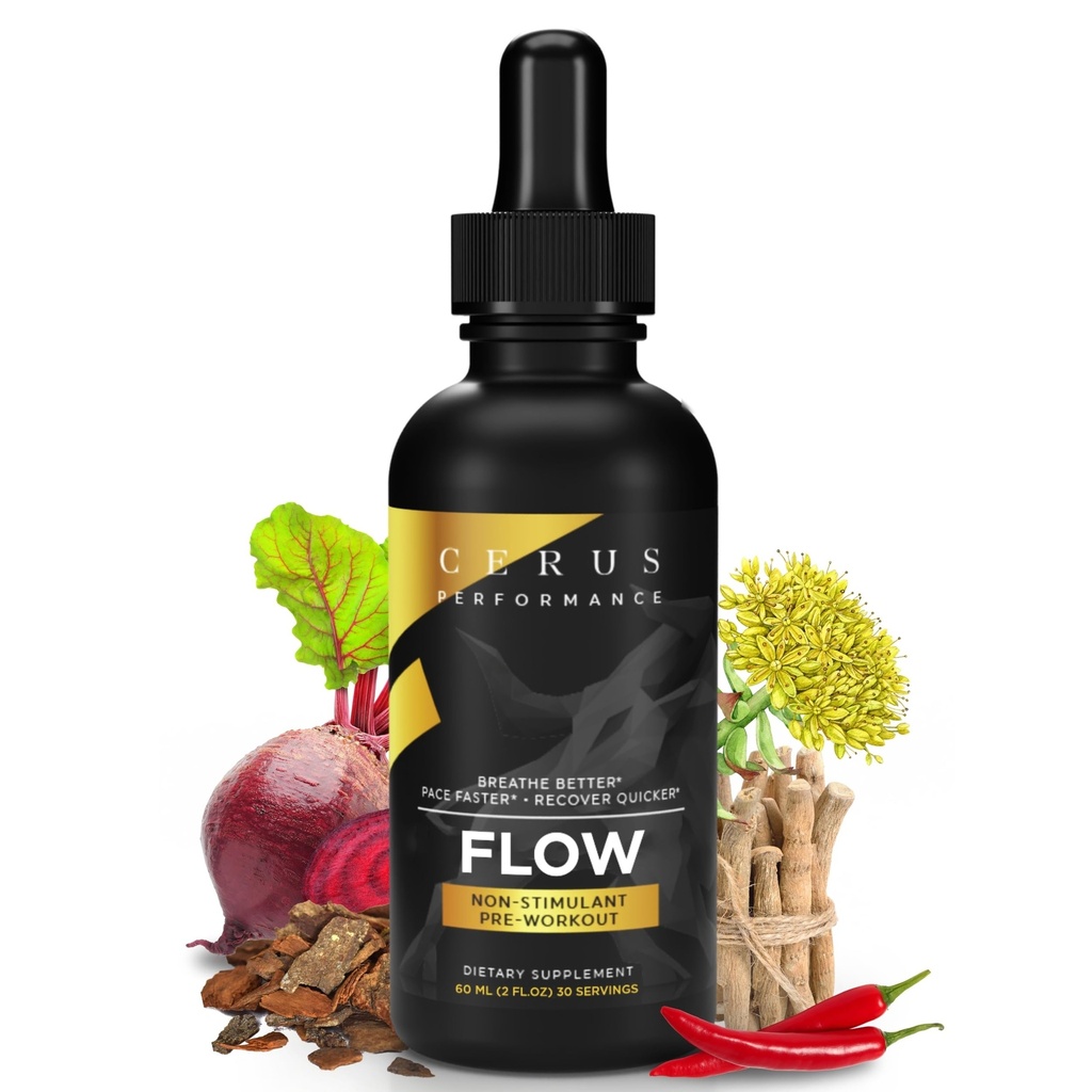 Cerus Performance Flow Stimulant-Free Endurance Pre-Workout – Boosts Stamina, soporta la salud cardíaca con hierbas naturales, Vegan-Friendly - 2 Fl Oz