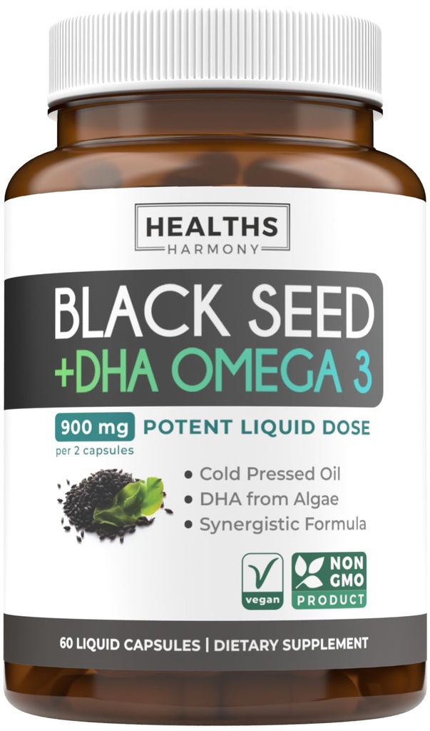 Cold-Presed Black Seed Oil Capsules - Vegan Non-GMO Nigella Sativa Black Seed Oil Supplement with Omega 3 DHA for Full Body Wellness & Brain Support - Vegan Omega 3 & Thymoquinone-Rich (1 Mes)