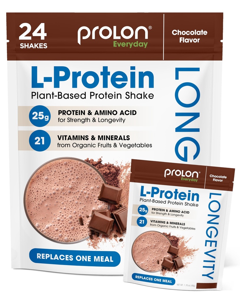 Prolon Longevity Plant Based Protein Powder ← Muscle Synthesis " Repair, Healthy Aging, Boost Performance ← Vitaminas, Gluten Free, Amino Acids, Antioxidantes latitud 25g of Protein  durable Chocolate, 24 Packets