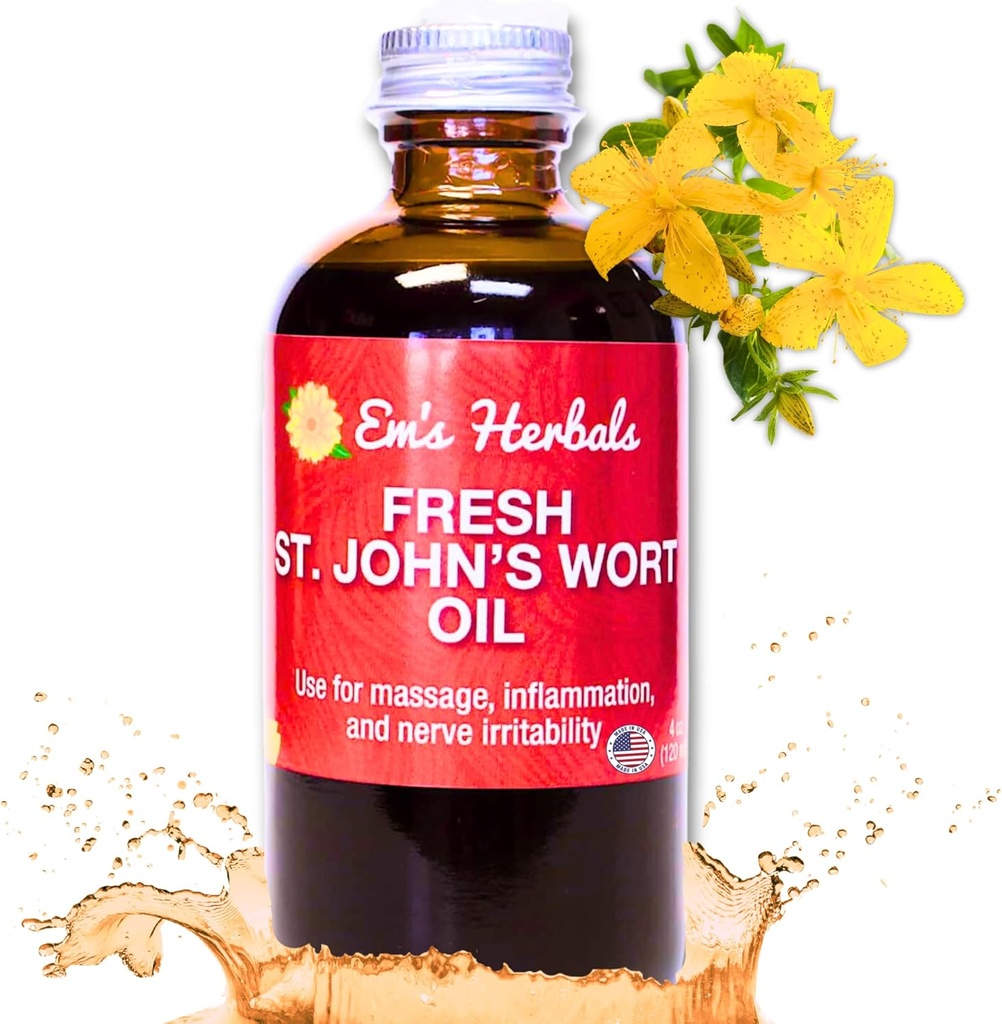 Em's Herbals Fresh St. John’s Wort Oil - Wild Harvested in USA, Natural Solution for Nerve Discomfort, Skin Eruptions, Wound Care, Scar, and Stretch Marks - Skin, Face, Body, Hair, Massage Oil (4 Oz)