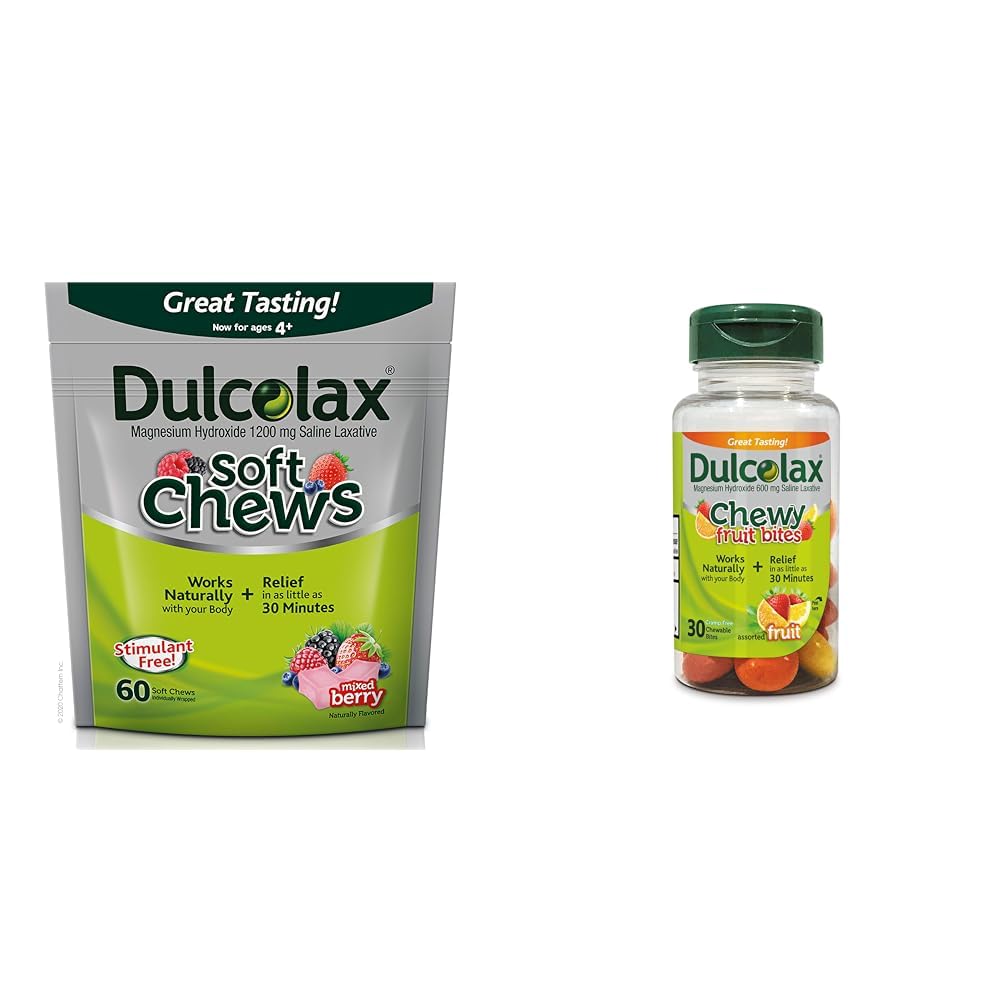 Dulcolax Soft Chews Saline Laxative Mixed Berry (60ct) Gentle Constipation Relief, Magnesium Hydroxide 1200mg " Chewy Fruit Bites, Saline Laxative, Assorted Fruit (30ct) Cramp-Free Constipation Relief