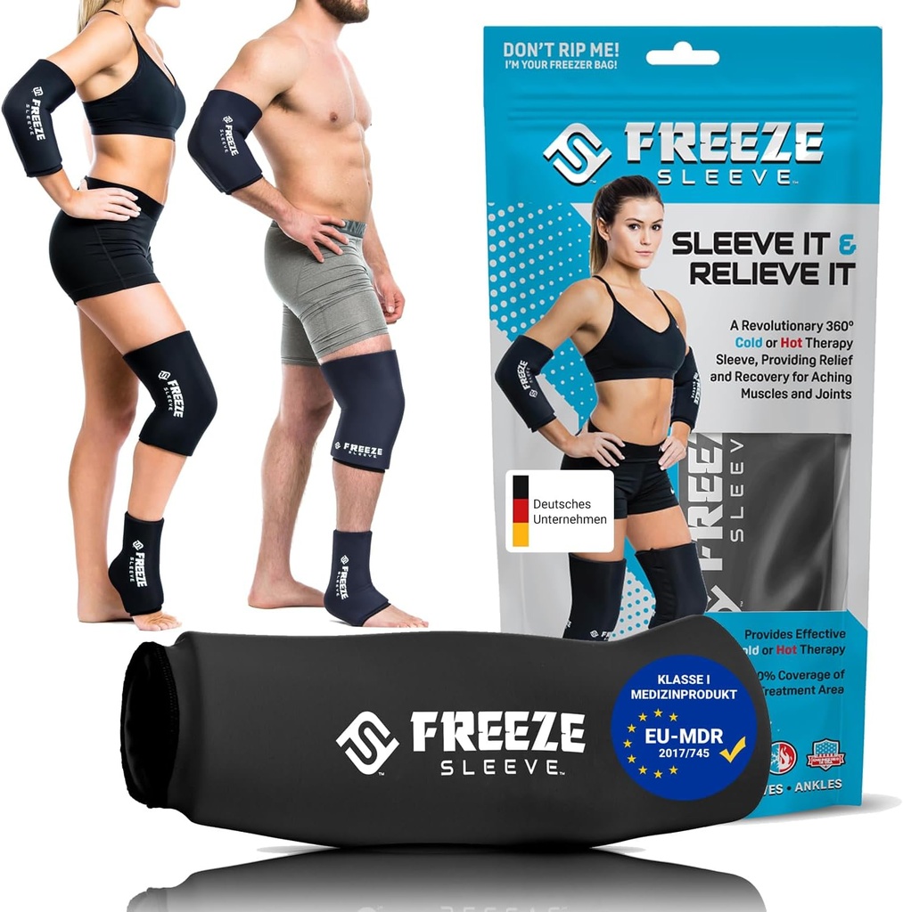 FreezeSleeve Ice &amp; Heat Therapy Compression Sleeve- Reusable, Flexible Gel Hot/Cold Pack, 360 Coverage for Knee, Elbow, Ankle, Wrist- Black, X-Small