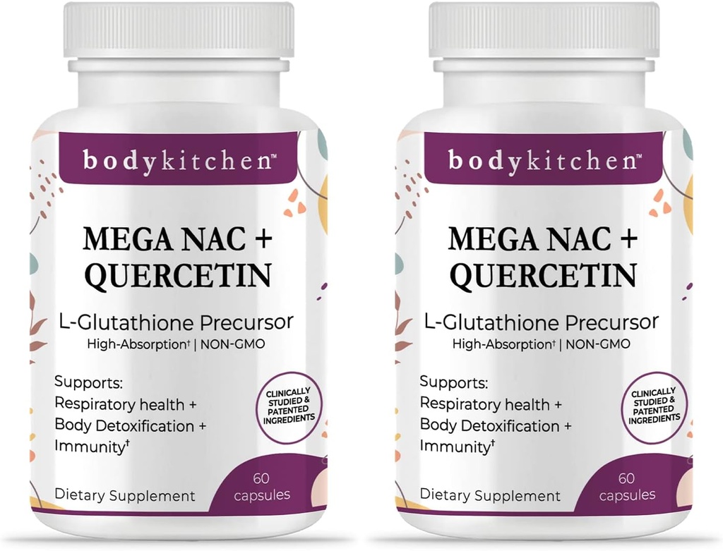 Body Kitchen Mega NAC (N-Acetyl Cysteine) 600 mg con Quercetin, soporta la salud respiratoria y la función de inmune y promueve el hígado y el riñón Detox, Veggie Caps, (Pack of 2)