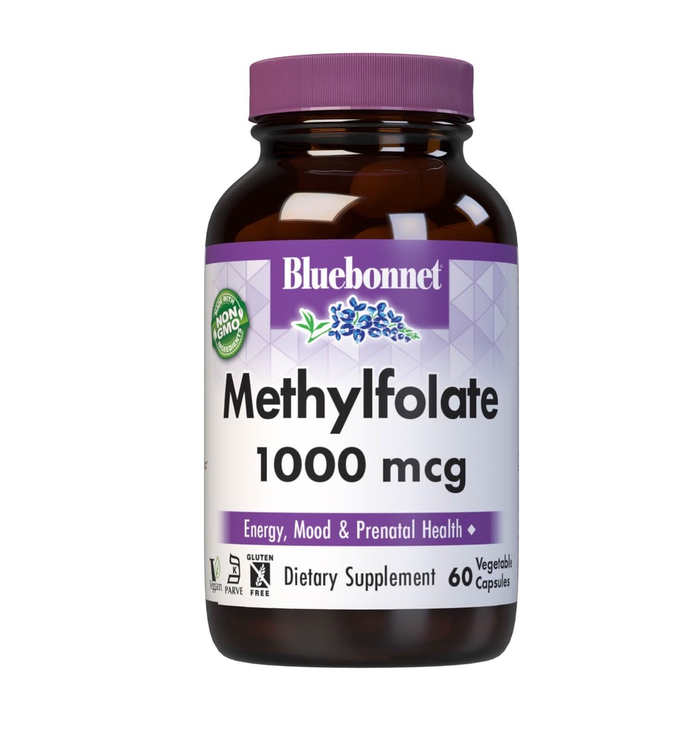 BlueBonnet Nutrition Methylfolate 1000 mcg, for Energy, Mood, and Prenatal Health*, Non-GMO, Vegan, Kosher Certified, Gluten-Free, 60 Vegetable Capsules, 60 Serviciones