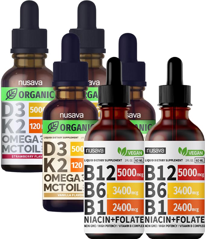 NUSAVA Vitamina B12 Liquid Drops Bundle, Strawberry Flavored D3 K2, & Vanilla Flavored D3 K2 - Potent Liquid Vitamins for Heart, Energy, Brain & Immune Support - Non-GMO, Gluten-Free, 2pk Cada uno
