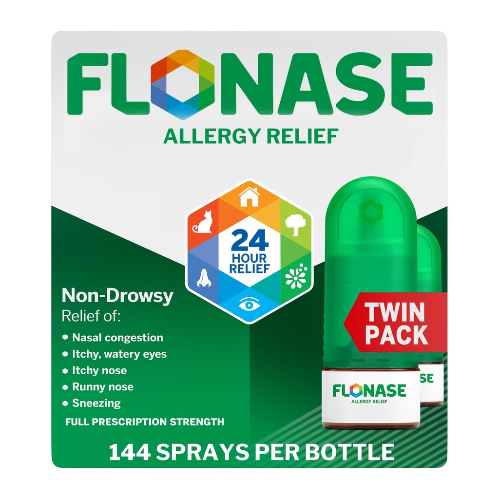 Flonase Alivio de la Alergia Nasal Spray, 24 horas Medicina de la Alergia No Dolorosa, Metered Nasal Spray - 144 Sprays (Pack of 2) - Caída y Alivio de la Alergia Estacional