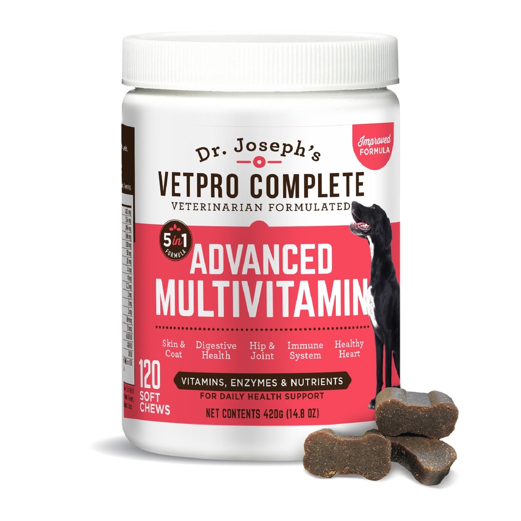 Dr. Joseph's VetPro Complete Multivitamin Dog Supplement, 120 Count (Large Dog 60 Day Supply), 5in1 Chew with Vitamins, Enzymes & Nutrients, Hip & Joint Health, Immune System & Allergy Support